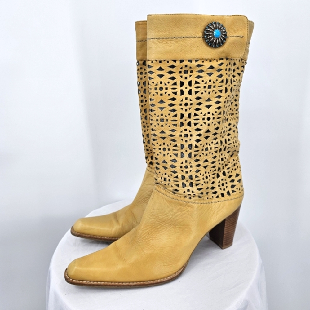 Stuart Weitzman Embroidered Western Tan Leather Cowboy Boots Size 8.5